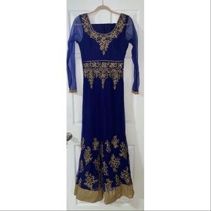 Blue and Gold Anarkali with Churidaar and Dupatta